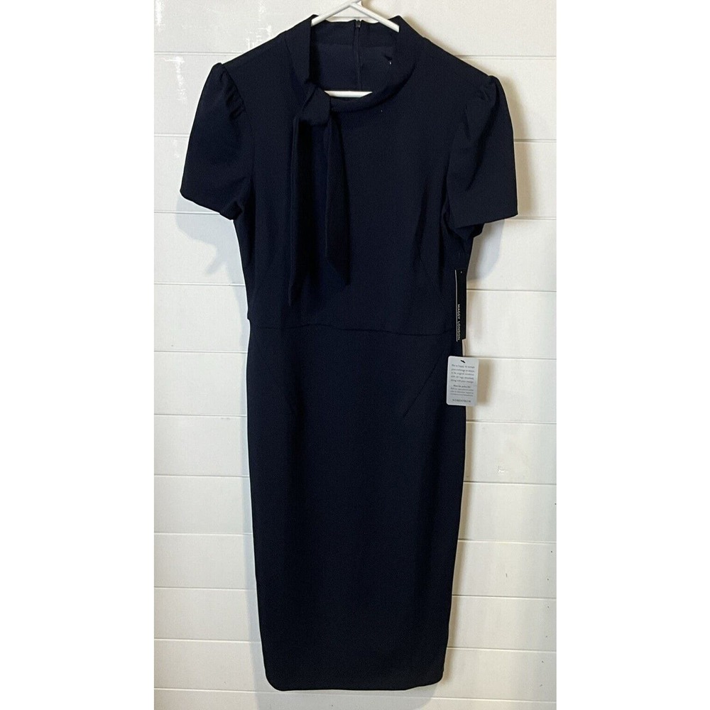 Maggy London Dress Womens Sz 10 Tie Neck Puff Sleeve Navy Career Classic Chic
